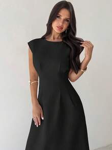 Firerie 女士简约优雅日常休闲通勤度假办公室装 亚麻色竹纹圆领无袖收腰褶皱 A 字中长连衣裙，夏季连衣裙，商务休闲女装，秋季女装，女士办公室装，办公室装，机场装，旅行装，机场装，外出装 - 黑色 - 查看 4