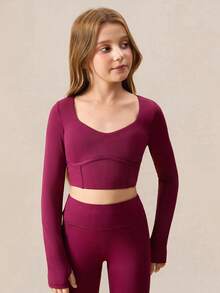 SHEIN 青少年女孩两件套红色服装，鱼骨长袖 T 恤和紧身裤，休闲时尚运动时尚校园风格长袖 T 恤和紧身裤套装，栗色 - 紫色 - 查看 4