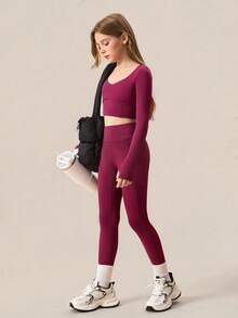 SHEIN 青少年女孩两件套红色服装，鱼骨长袖 T 恤和紧身裤，休闲时尚运动时尚校园风格长袖 T 恤和紧身裤套装，栗色 - 紫色 - 查看 2