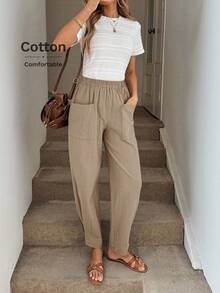 SHEIN LUNE Women's Green Cotton Casual Comfortable Pants With Pockets, Spring/Summer