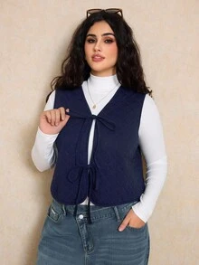 Elaquor Plus Size Dark Blue Denim Quilted Vest Jacket Winter Thermal Lined Jacket Casual Warm Wear Bow Tie Casual Jacket - Dark Wash - View 4