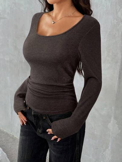 SHEIN EZwear Plus Size Women Chocolate Brown Crew Neck Long Sleeve Top Coffee Brown Top Brown Long Sleeve Top Chocolate Brown Top/Fall/Winter