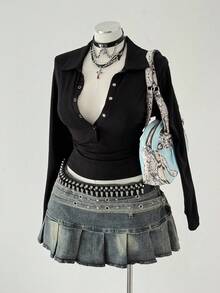 Sweetra Plus Size Women Vintage Casual Street Style Collared Button-Up Shirt, Sexy Solid Textured Long Sleeve Tee For Commute, Daily Wear, Back To School, Halloween, Layering Fall Cloth For Women - Black - View 4