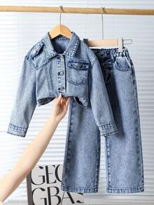 2 piezas Conjunto de Denim para Niñas, Chaqueta de Denim Corta Estilo Vintage + Jeans de Pierna Recta Holgada, Conjunto de Denim de Moda para Primavera/Otoño, Perfecto para Vacaciones y Salidas Casuales - Azul lavado medio - Ver 5