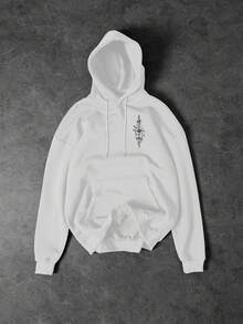 Manfinity EMRG 男士极简主义印花连帽卫衣，白色指南针几何图腾图案，宽松版型男女通用情侣款卫衣，秋冬百搭单品，长袖上衣