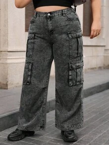 SHEIN Unity Jeans cargo de pierna ancha, corte holgado y talla grande - Negro - Ver 4