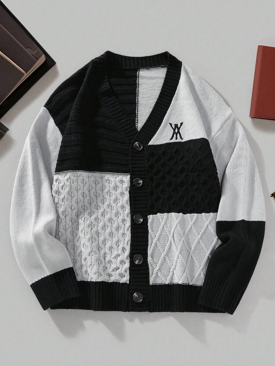 Manfinity Hypemode Men's Contrast Color V-Neck Single-Breasted Casual Knit Long Sleeve Cardigan, Autumn, Grunge Style - Black - View 1