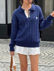 Jouncy Women's Casual Loose Fit Pentagram Pattern Polo Collar Long Sleeve Sweater, Autumn - Royal Blue - View 4