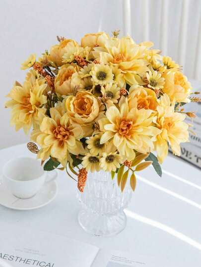 SHEIN Buquê artificial de peônias, hortênsias e dálias (1 peça) - Ideal para o Dia dos Namorados, aniversários e casamentos - Perfeito para a noiva segurando as flores, centro de mesa para casa, festas, salas de jantar, quartos e peitoris de janelas - Ideal para vasos, decoração de jardim, Ano Novo, primavera, verão, outono, Natal e feriados, além de ser perfeito para arranjos de mesa. Flores artificiais para decoração.