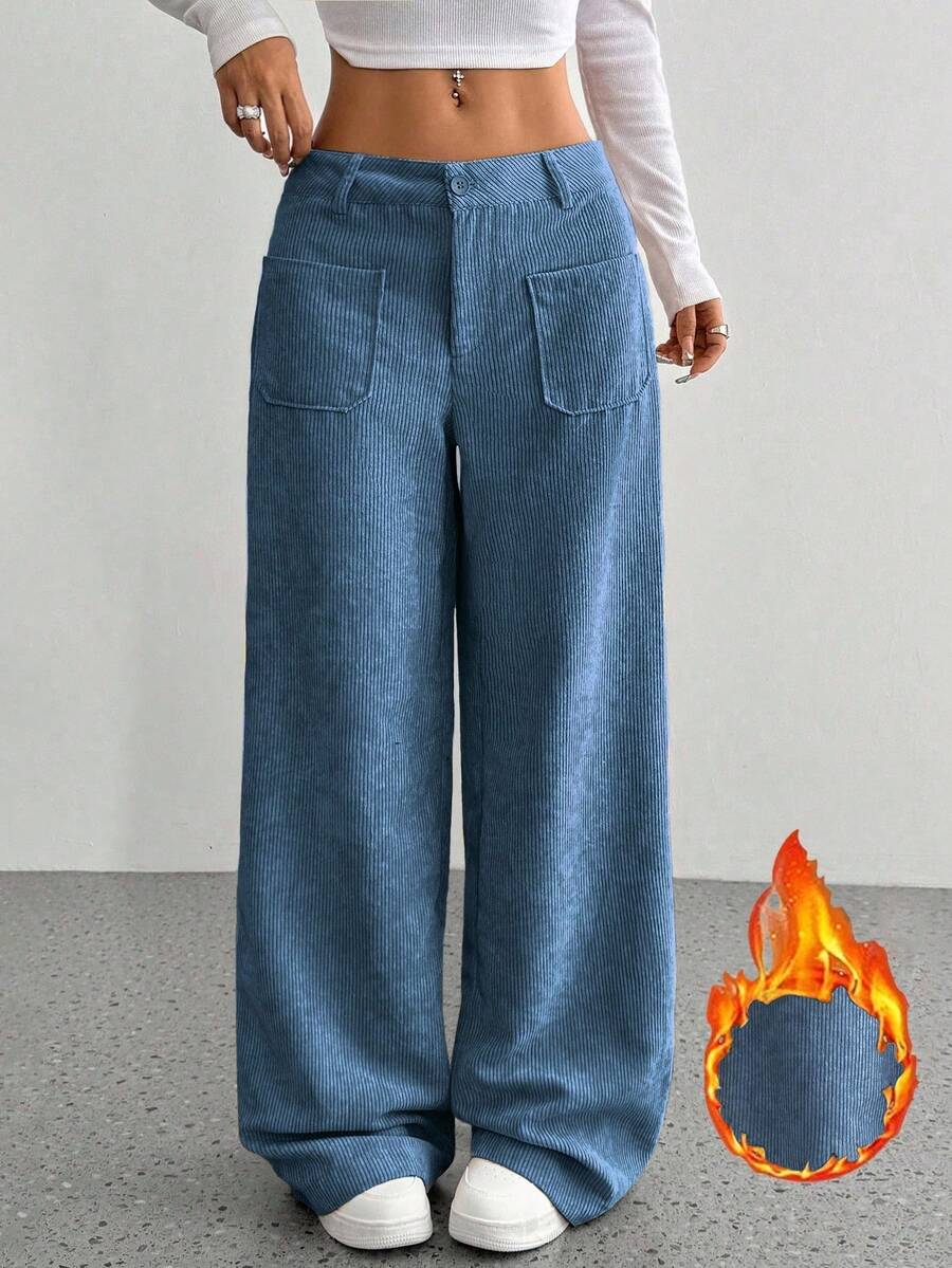 FavEase 秋冬复古灯芯绒优质朦胧蓝百搭阔腿直筒裤 - 霧霾藍 - 查看 1