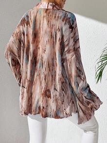 EMERY ROSE 女士春夏时尚假日通勤随机花卉印花喇叭袖衬衫，长袖上衣 - 棕色 - 查看 2