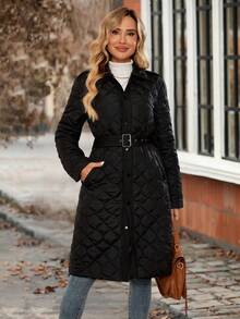 EMERY ROSE Chaqueta larga casual de invierno de un solo pecho de unicolor y manga larga para mujer - Negro - Ver 7