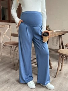 SHEIN Maternity Casual Solid Color Adjustable Waist Activewear - Dusty Blue - View 5