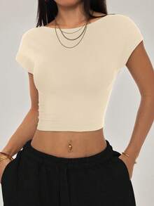 SHEIN PETITE 休闲纯色百搭短款露背T恤，适合娇小身材，夏季 - 杏色 - 查看 6