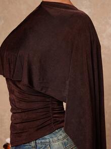 Lumalex Fall Winter Gathering Party Banquet Modest Old Money Coquette Glitter Holiday Party Rave Festival Outing Vacation Hot Outdoor Richly Layered Wedding Season Banquet Coming Of Age Ceremony Asymmetric Neck Ruched Fitted Women Blouse,Brown Top ID Al-Adha Al-Adha Party - Coffee Brown - View 8