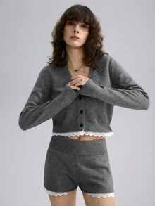 2件蕾丝边短款开衫和针织短裤套装 - 灰色 - 查看 7