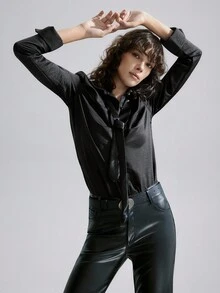SHEIN ChicEase Women's Minimalist Black Long Sleeve Pleated Tie Collar Blouse - Black - View 2