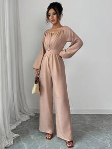 Rafferiza 女士优雅通勤木珠装饰圆领扭腰长袖阔腿连体裤 - 卡其色 - 查看 7