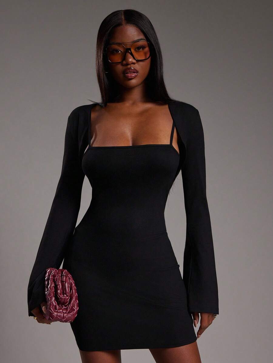 NYA SZN Langarm Kleid, figurbetonter Bodycon-Schnitt, Volantärmel, Basic Alltagskleidung, süß, Business Lässig, für Geburtstag, Hochzeit, Büro, Lehrerin, Rückkehr zur Schule, Herbst, Winter, geeignet für Pendleroutfits für Frauen - Schwarz - Übersicht 1