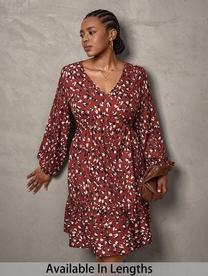 SHEIN Tall CURVE Plus Size Women Allover Print V-Neck Lantern Sleeve Ruffle Hem Casual Loose Dress