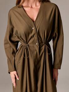 AiiRZ Wide Leg Jumpsuit Oversized Barrel Sleeve Channel Waist Drawstring Formal Occasion Evening Winter Fall Long Sleeve Fashion Statement Piece Luxury Modern Minimalist - Dark Green - View 5