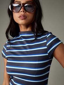 MISSGUIDED Athletic Striped Crew Neck T-Shirt For Women Short Sleeve Fitted Active Top Navy Blue Training Tee - Multicolor - View 5