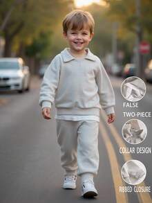 SHEIN 2 件套年轻男孩休闲燕麦色 Polo 领运动服上衣 + 裤子套装，舒适服装适合日常穿着和外出，适合上学、秋冬季 - 淺灰色 - 查看 1