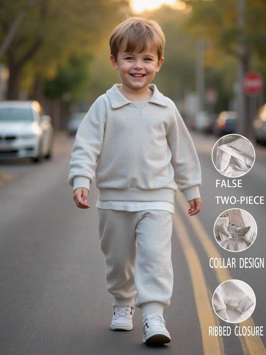 SHEIN 2 件套年轻男孩休闲燕麦色 Polo 领运动服上衣 + 裤子套装,舒适服装适合日常穿着和外出,适合上学、秋冬季 - 淺灰色 - 查看 1