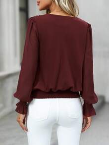 EMERY ROSE 女式纯色褶皱宽松时尚衬衫 - 酒紅色 - 查看 2