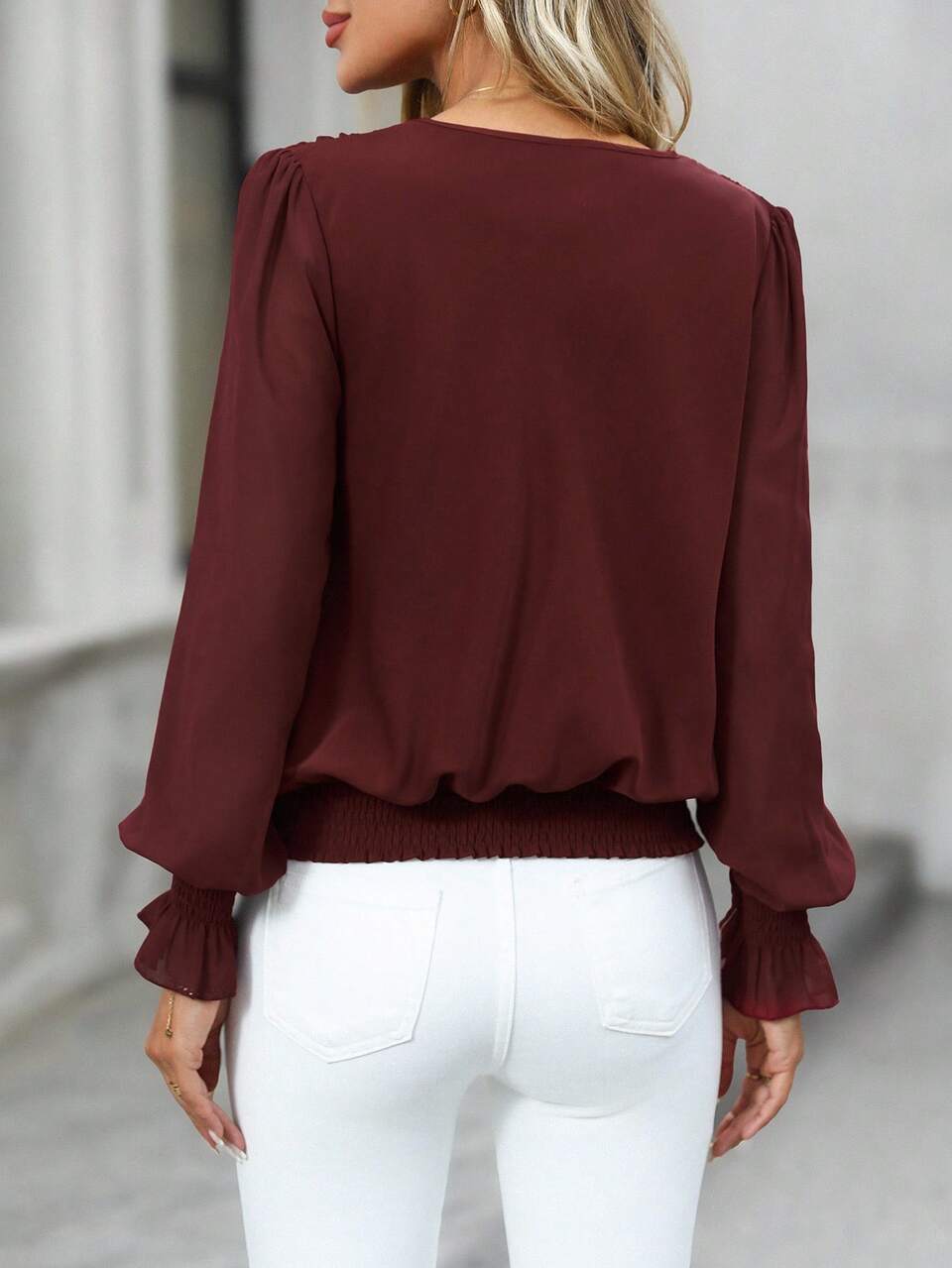 Women's Solid Color Shirred Loose Fit Fashion Blouse,Red Top