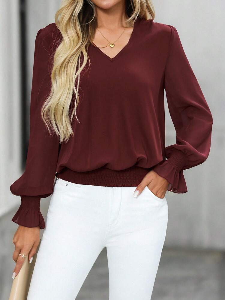 Damen Einfarbige Shirred Loose Fit Mode Bluse