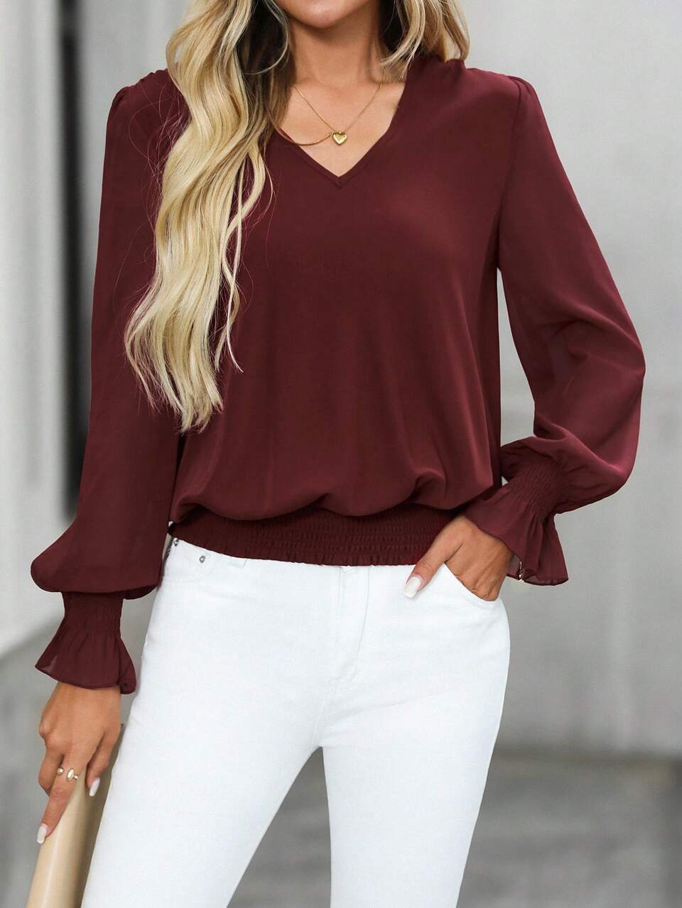 Women's Solid Color Shirred Loose Fit Fashion Blouse,Red Top