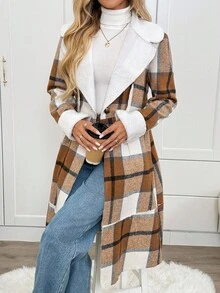 SHEIN LUNE Women's Casual Plaid Thermal Lined Pocket Lapel Coat Fall Winter Women's Winter Coat Casual Work Fall Winter - Multicolor - View 7