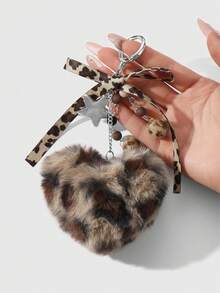 ROMWE Kawaii 1pc Fashionable Retro Personalized Acrylic Star Flower Brown Faux Fur Leopard Bow Heart DIY Keychain Bag Charm, Suitable For Women, Daily Wear, Holiday Gift - Brown-21 - View 2
