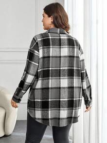 SHEIN Essnce Plus Size Women Plaid Drop Shoulder Long Sleeve Pocket Casual Shirt, Autumn Fall - Grey - View 2