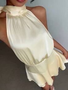 Aloruh 女士性感优雅高领缎面露背蝴蝶结腰部A字迷你连衣裙，适合派对、约会、生日、女士约会装、女士夜间外出装、女士婚礼宾客装、性感夜店装、波西米亚风女装 - 淡黃色 - 查看 6