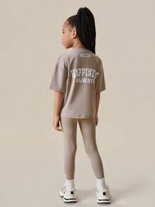 Bộ đồ thể thao kaki cho bé gái, áo phông thoải mái + quần thể thao co giãn ôm vừa vặn - Xám - Xem 3