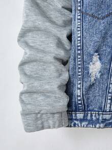 SHEIN Explorewe Denimly Boys' Casual Daily Urban Street Hoodie Fabric Patchwork Design Detachable Hood, Simple & Comfortable Washed Denim Jacket Fall Winter