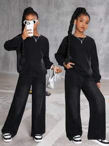 Tween GirlsLoose Denim Sweatshirt And Elastic Waist Straight Leg Jeans 2 Pieces Set, Casual And Fashionable For Spring/Autumn, Soft And Comfortable Material, Perfect For Holidays And Outings Fall Winter - Black - View 1