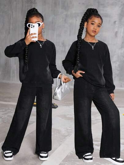 Tween GirlsLoose Denim Sweatshirt And Elastic Waist Straight Leg Jeans 2 Pieces Set, Casual And Fashionable For Spring/Autumn, Soft And Comfortable Material, Perfect For Holidays And Outings Fall Winter