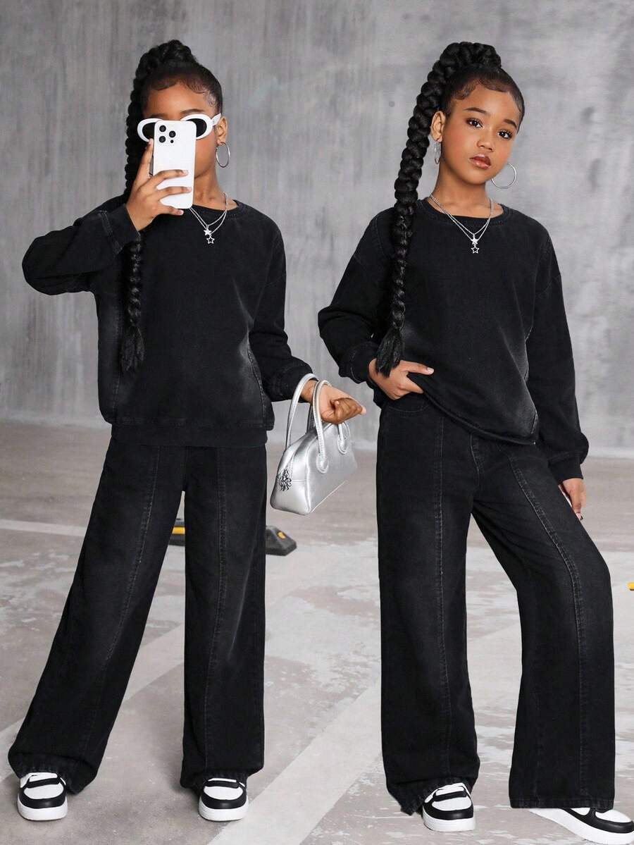 Tween GirlsLoose Denim Sweatshirt And Elastic Waist Straight Leg Jeans 2 Pieces Set, Casual And Fashionable For Spring/Autumn, Soft And Comfortable Material, Perfect For Holidays And Outings Fall Winter - Black - View 1