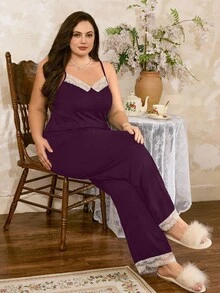 Côtesoire 蕾丝边性感露背吊带背心，女士休闲睡衣套装 - 中紫紅色 - 查看 1