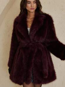 Aveloria Rosie High-Quality Faux Fur Loose Lapel Belted Mid-Length Coat, Faux Fur Jacket - Red Violet - View 6
