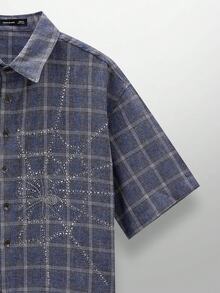 NEON BLANC Men's Street Fashion Woven Rhinestone Spider Web Plaid Short Sleeve Shirt, Halloween - Navy Blue - View 5
