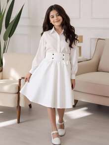 SHEIN 女大童腰部打褶前蝴蝶結半身裙 - 白色 - 查看 5