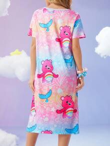 SweetSlumber X Carebears Women's Cute Bear Print Round Neck Short Sleeve Nightgown, Summer Care Bear Pajamas Dress Kawaii Pajamas Cute Pajamas Dress Cute Sleepwear Cartoon Pajamas Women, Moo Moo Night Dress