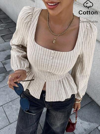 Pariaura Ins Fransız Puf Kollu Çizgili Kare Yaka Kadın Gömleği