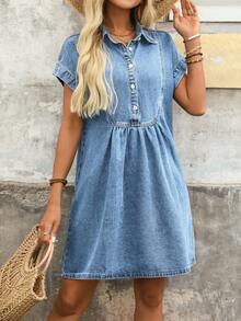 EMERY ROSE Plus Size Women Casual Vacation Stretch-Free Light Blue Denim Dress - Light Wash - View 6