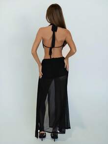 SHEIN ICON Women's Long Sheer Leg Sexy Black Party Dress, Sexy Plunging Neck Backless Mesh Dress, Autumn/Winter - Black - View 9