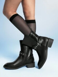 Sugerpunk Women's Black Slip-On Buckle Motorcycle Boots, Leather Low Heel Riding Boots, Leather Dress Boots, Mid-Calf Boots - Black - View 1